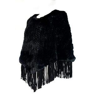 Black Rex Rabbit Knit Poncho With Fringe - Women's Shoulder Wrap With Fur 3645